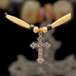 Beaded Cross Pendant Statement charm necklace Autumn Fall tones tubular beads